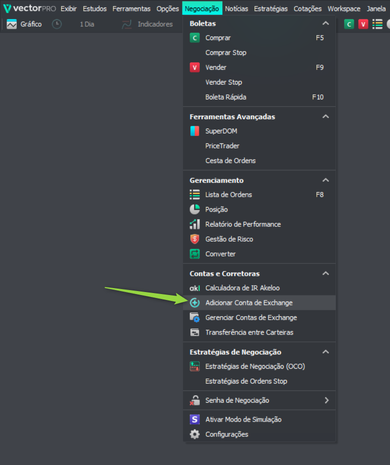menu negociação com seta na opção adicionar conta de exchange.png